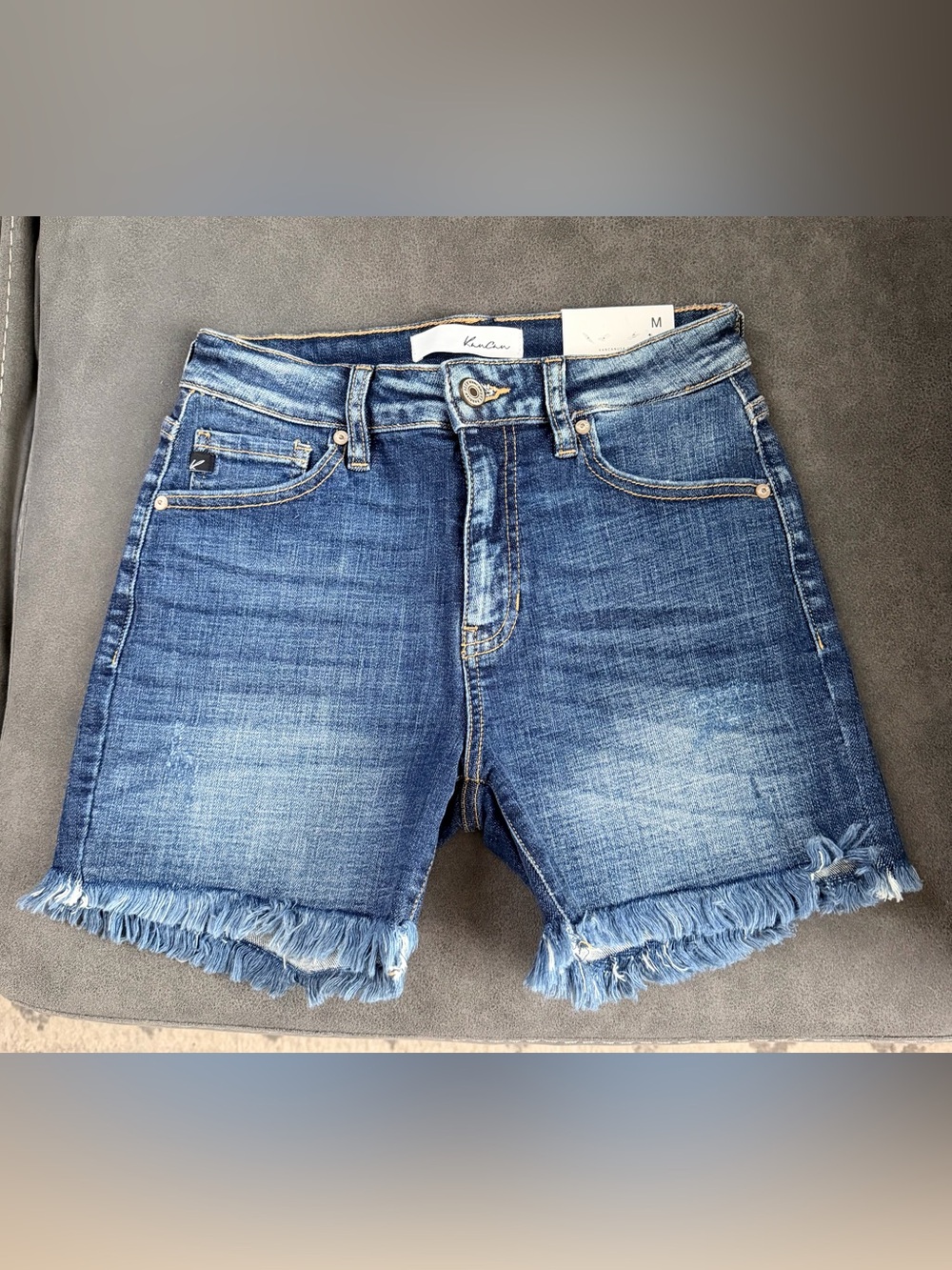 KanCan Mariah High Rise Blue Frayed Hem Denim Stretchy Jean Shorts Medium *NEW*